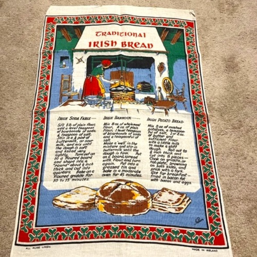 VTG Nelson Irish Linen Tea Towel ~Traditional Irish Bread Recipe 19" X 30"